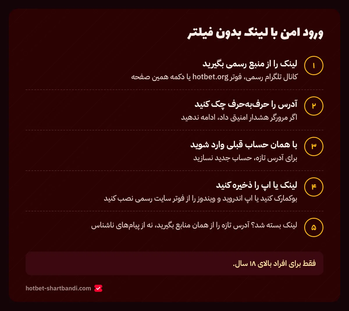 پنج مرحله ورود امن به هات بت با لینک بدون فیلتر، از انتخاب منبع لینک تا گرفتن آدرس تازه